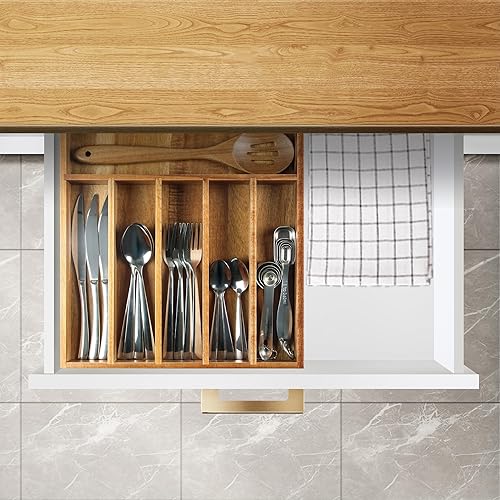 Miniatura 6 de Organizador de cubiertos de madera de acacia, organizador de cajones de utensilios de cocina para tenedores y cucharas, bandeja de cubiertos de 7