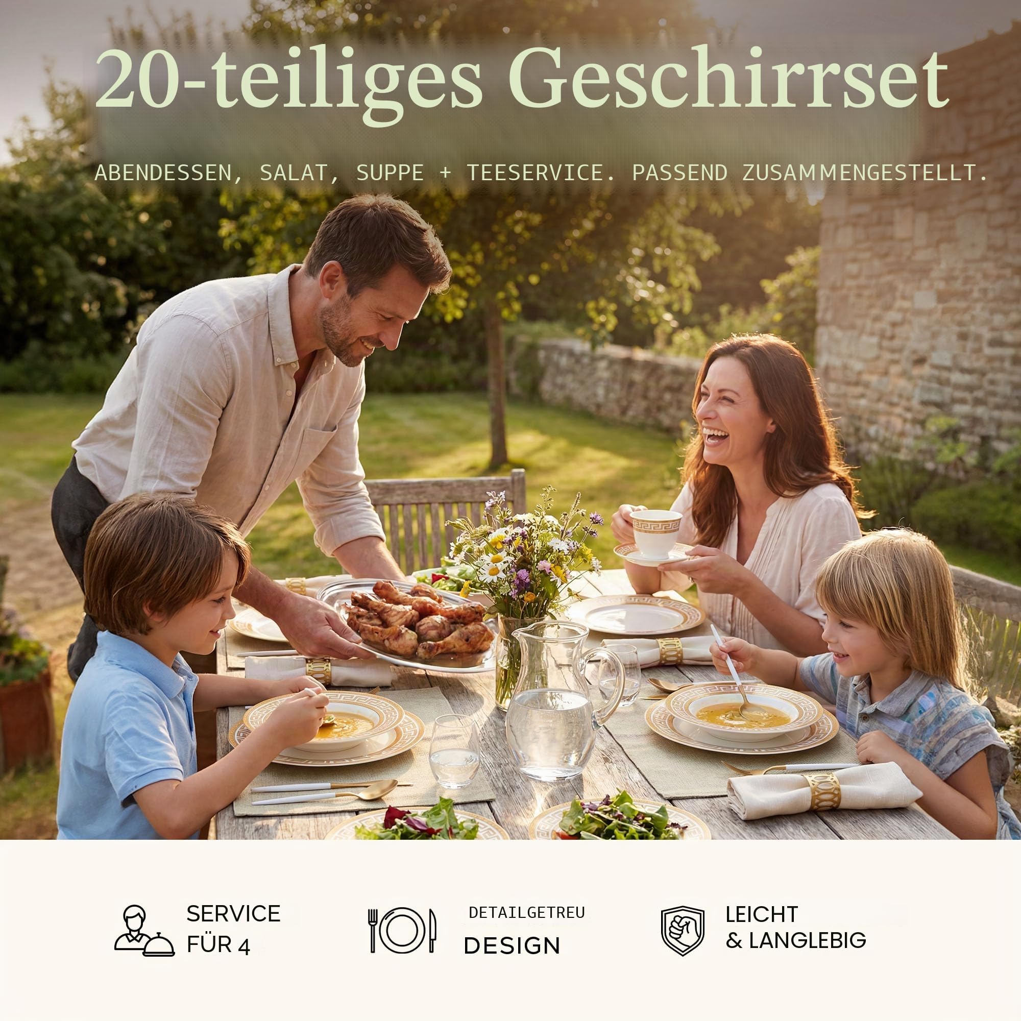 Joseph Sedgh Collection 20-teiliges Geschirrset aus Knochenporzellan, Service für 4 Personen, weißer und goldener griechischer Schlüssel