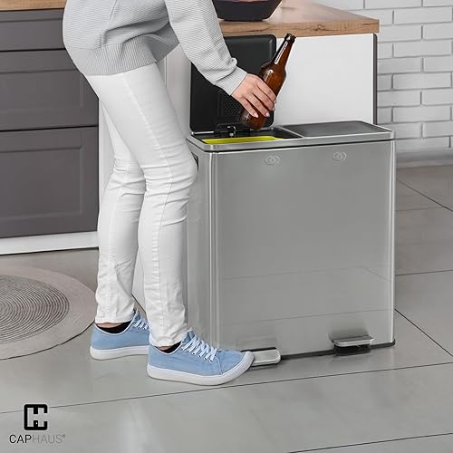 Miniatura 9 de CAPHAUS Bote de basura doble con doble tapa, combo de contenedores de basura y reciclaje, cubo de basura de acero inoxidable manos libres para