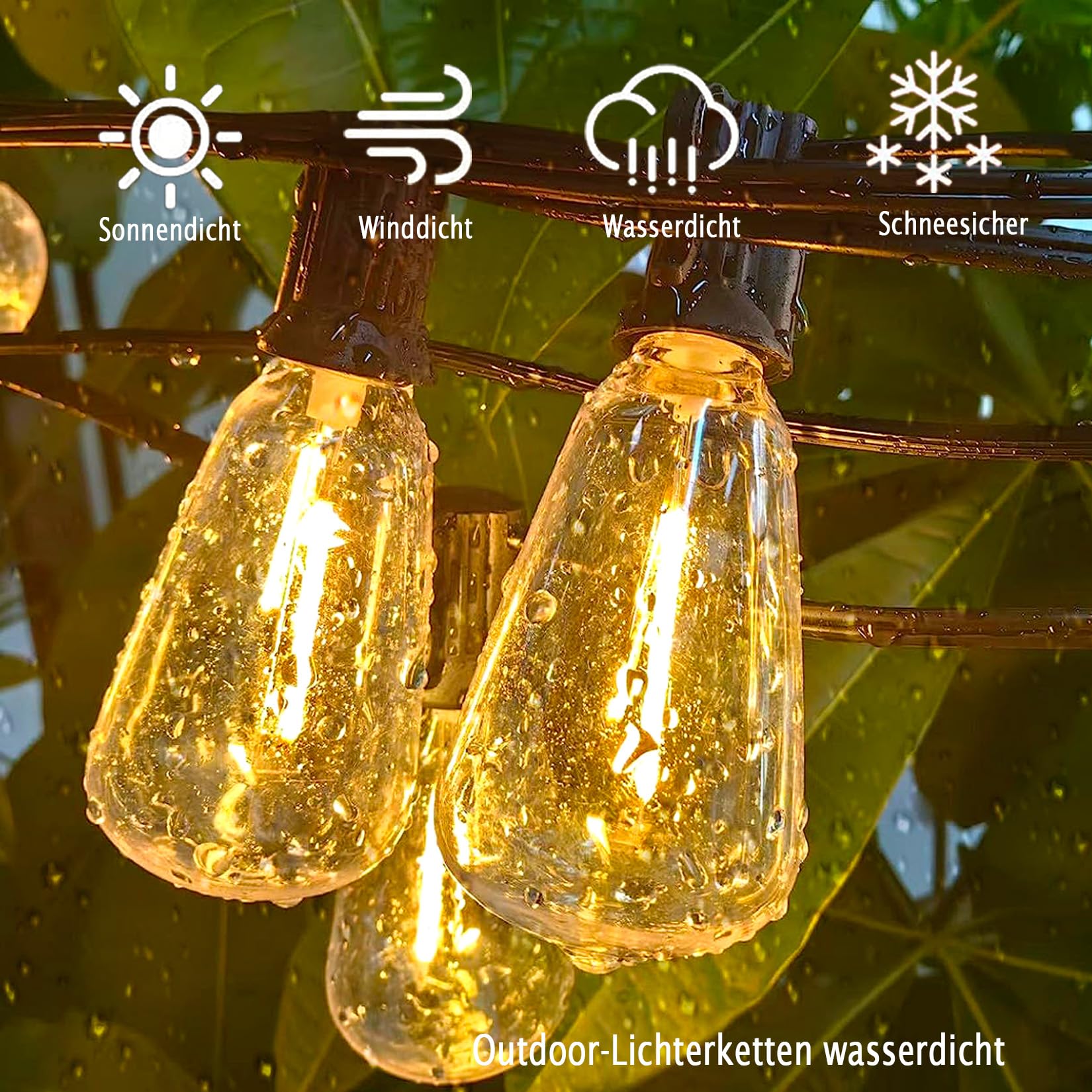 Catena luminosa a LED per esterni, 60 m, corrente esterna, con 100 + 4 pezzi, luce bianca calda, 2700 K, ST38, in plastica, IP44, impermeabile, per pergolato, matrimoni, feste, 2 pezzi