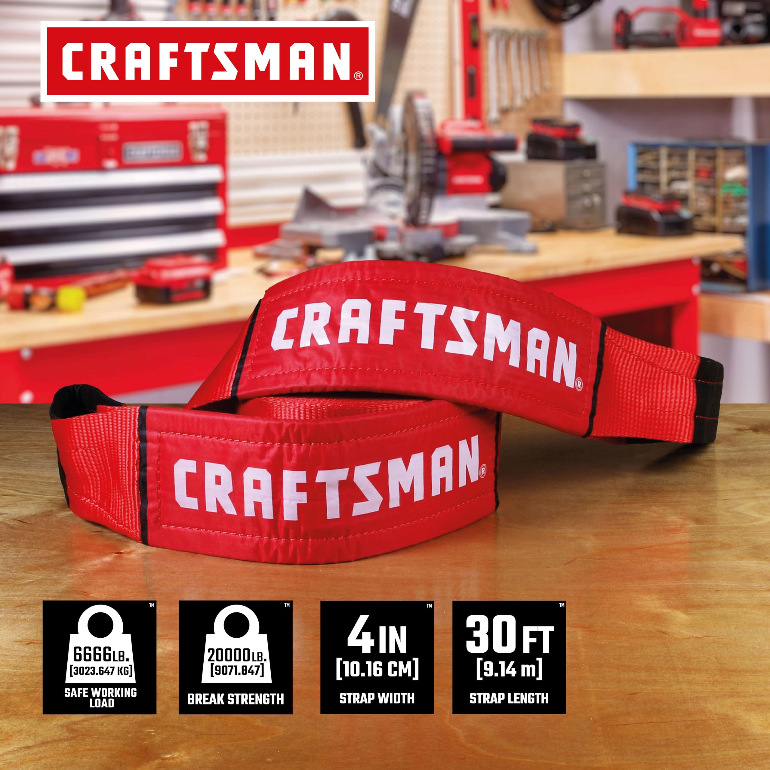 CRAFTSMAN CMXAZBS2003 - Cinghia di traino resistente per recupero, con estremità ad anello, carico sicuro da 3 kg, resistenza alla rottura, 9 kg, colore: Nero/Rosso
