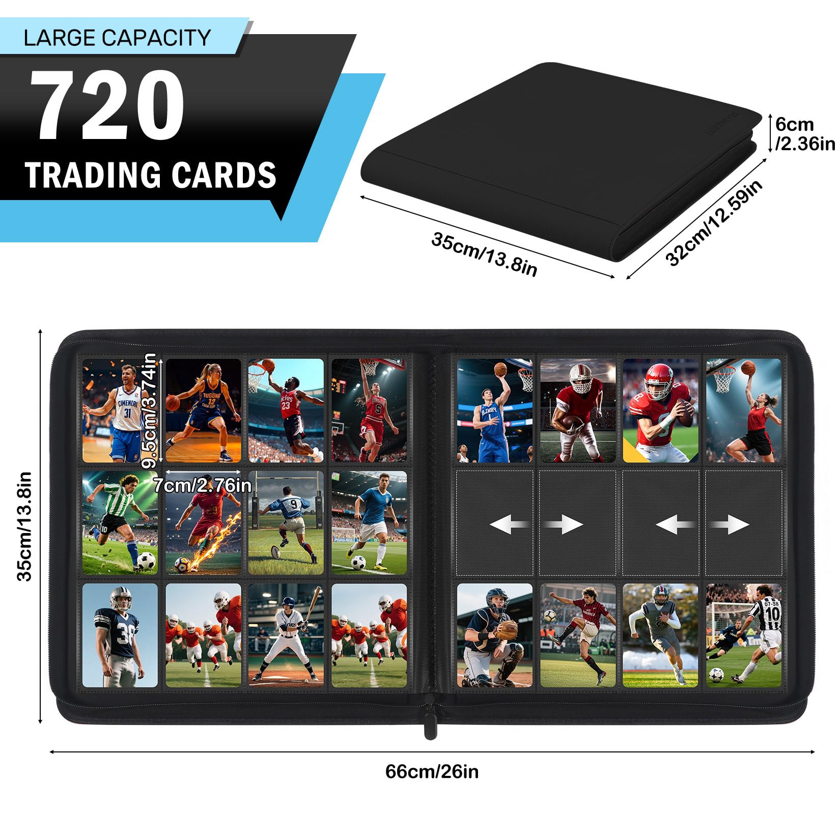 WITHYU Album da Collezione per Carte 12 Tasche, Capacità 720 Carte, Impermeabile, con Chiusura Lampo, per TCG, Calcio e Carte da Collezione, Portatile (Nero)