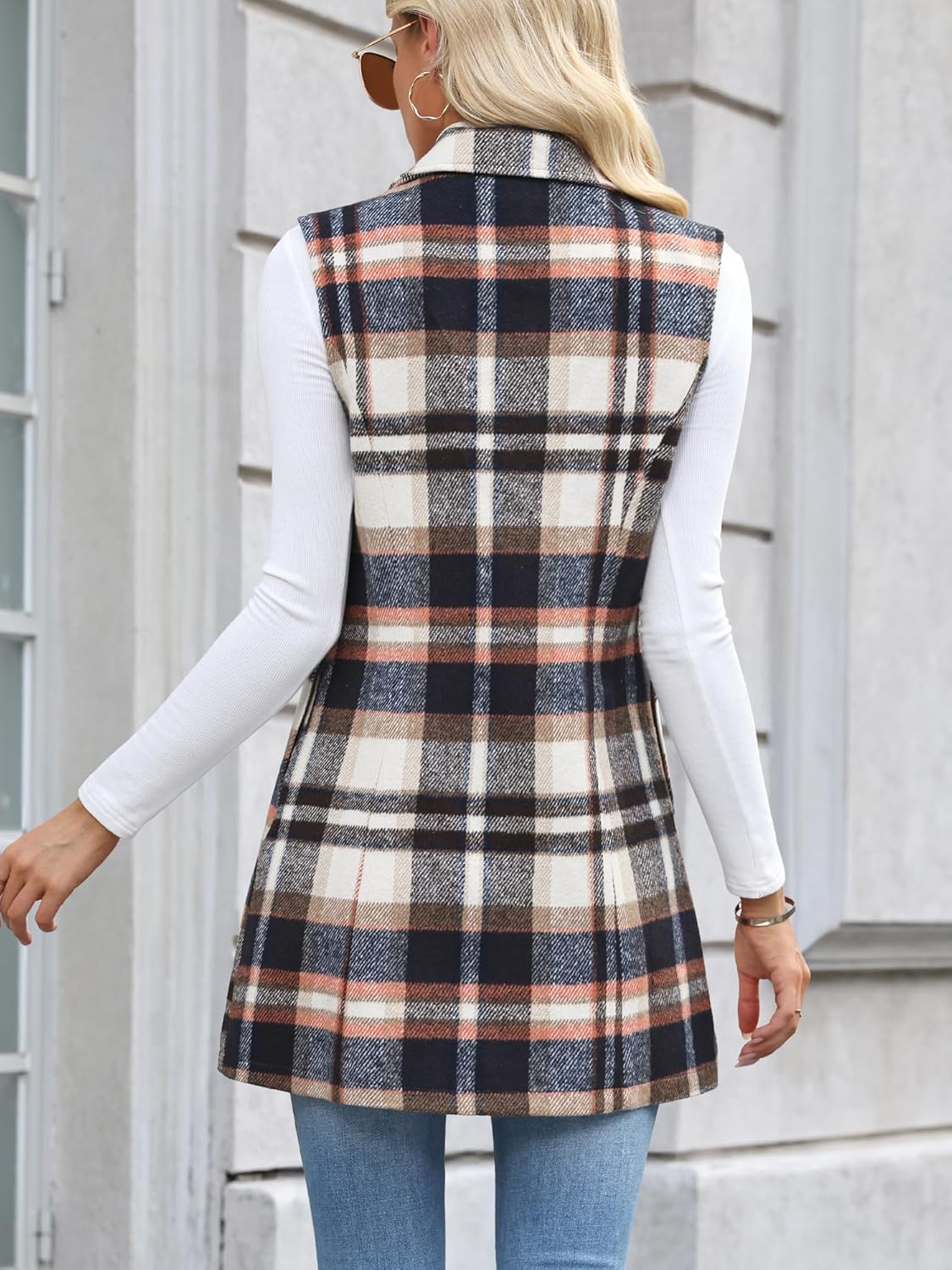 ELLEVEN Women's Tweed Plaid Long Vest, Lapel Slim Fit Sleeveless Flannel Blazer Jacket with Pockets - Image 3