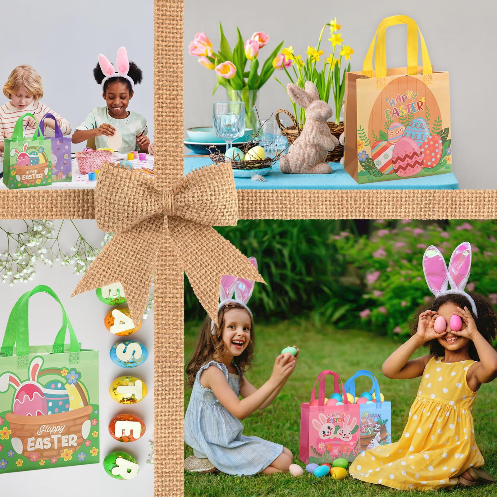 Dalugo 6 Borse Regalo Di Pasqua Riutilizzabili In Tessuto Non Tessuto - Con Manici E Biglietti Auguri - Tema Coniglietto E Uova - 4