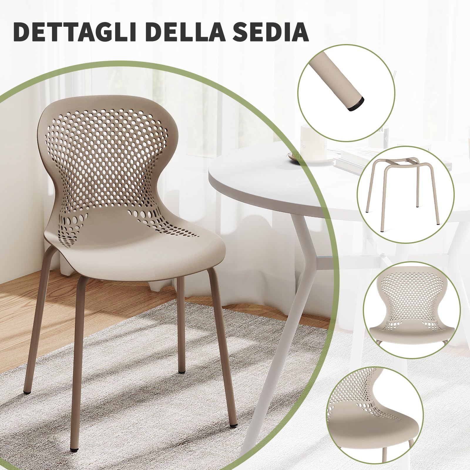 JIJIAN Set di 6 Sedie Sala da Pranzo Impilabili, Sedia da Cucina con Gambe in Metallo, Sedie da Giardino in Plastica, per Sala da Pranzo, Soggiorno, Giardino, Balcone e Terrazza, Cachi
