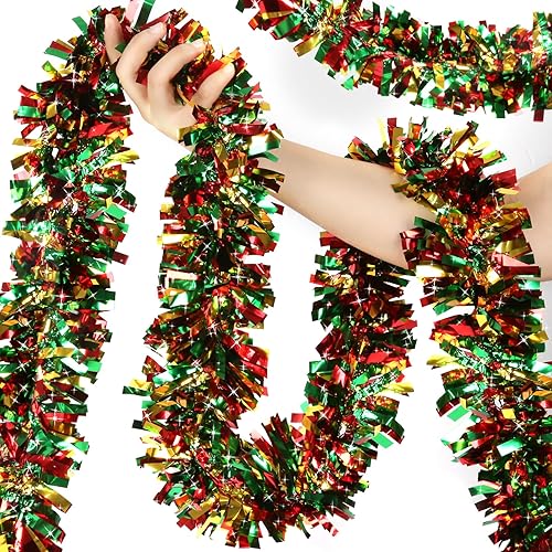 LEASEN Guirnalda de oropel metálico de 50 pies  Adornos colgantes brillantes para árbol de Navidad, suministros de fiesta en casa de vacaciones,