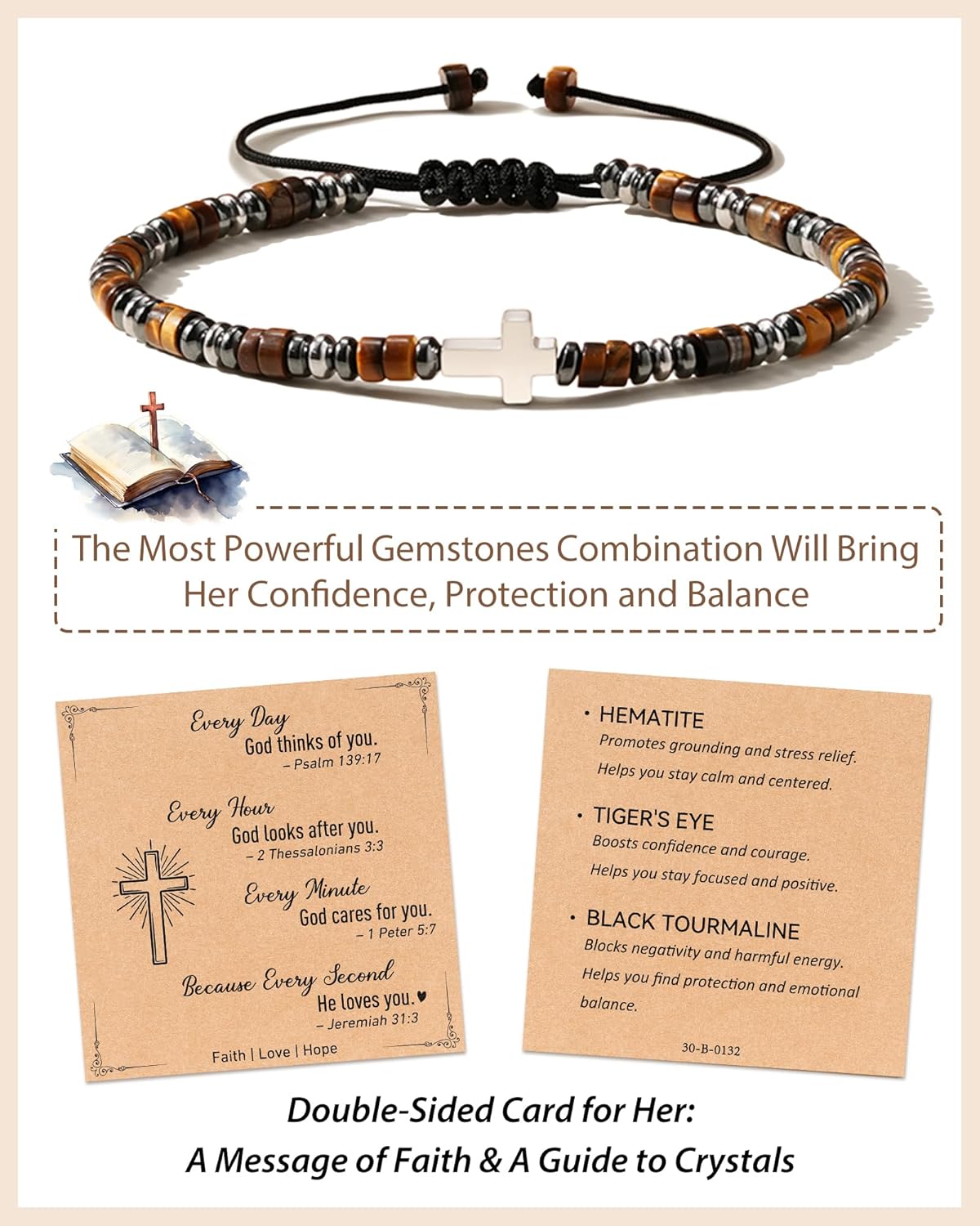 Christian Gifts for Women & Men Cross Bracelet with Loved Card Triple Protection Healing Stone Bracelet Positive Energy Gift for Teen on Birthday Graduation Christmas - Image 2