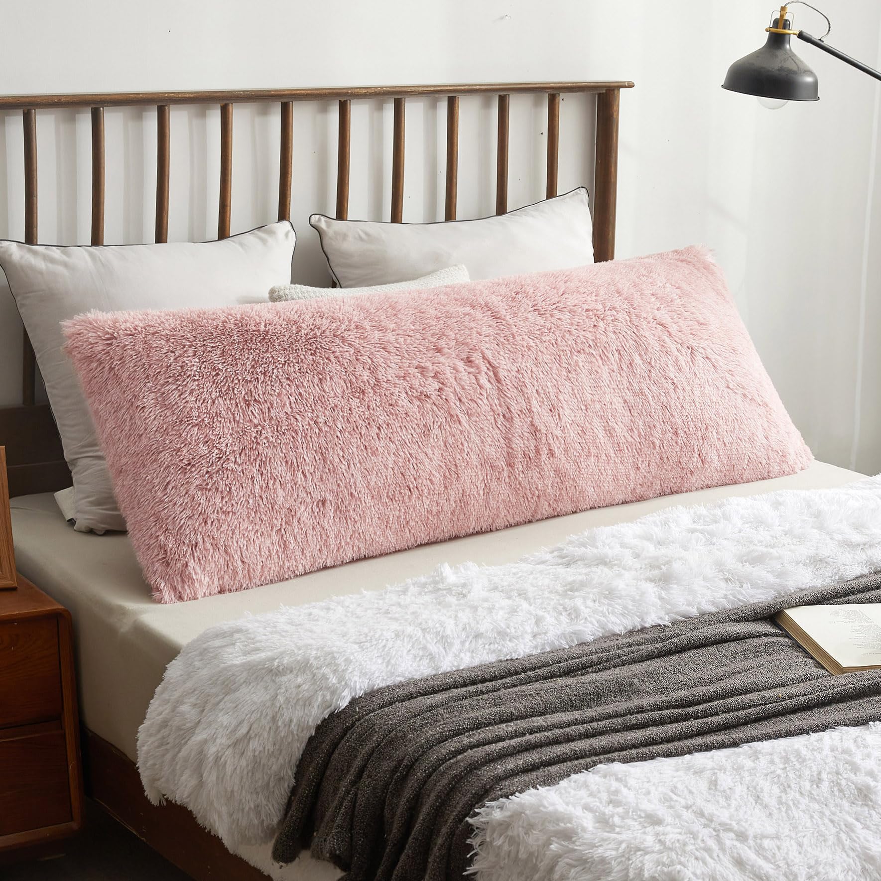 XeGe Long Fluffy Bolster Pillowcase, Faux Fur Body Pillow Cover with Zipper Closure, Plush Shaggy Standard Bolster Pillow Case for Pregnant Maternity Side Sleeper, 4.6ft, Pink Ombre — image 1