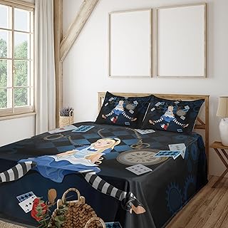 Ambesonne Alice in Wonderland Sheet Set, Grown Giant Girl Sitting Flying Cards and Rose Checkered Cartoon, Fitted and Flat Sheet with Pillowcases Bedding Accent 4 Piece Set, Queen, Multicolor