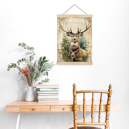 Miniatura 3 de FDHSPAAM Decoración artística de pared de reno navideño, decoración retro de Navidad, pósteres de arte de pared botánico de pino de ciervo rústico