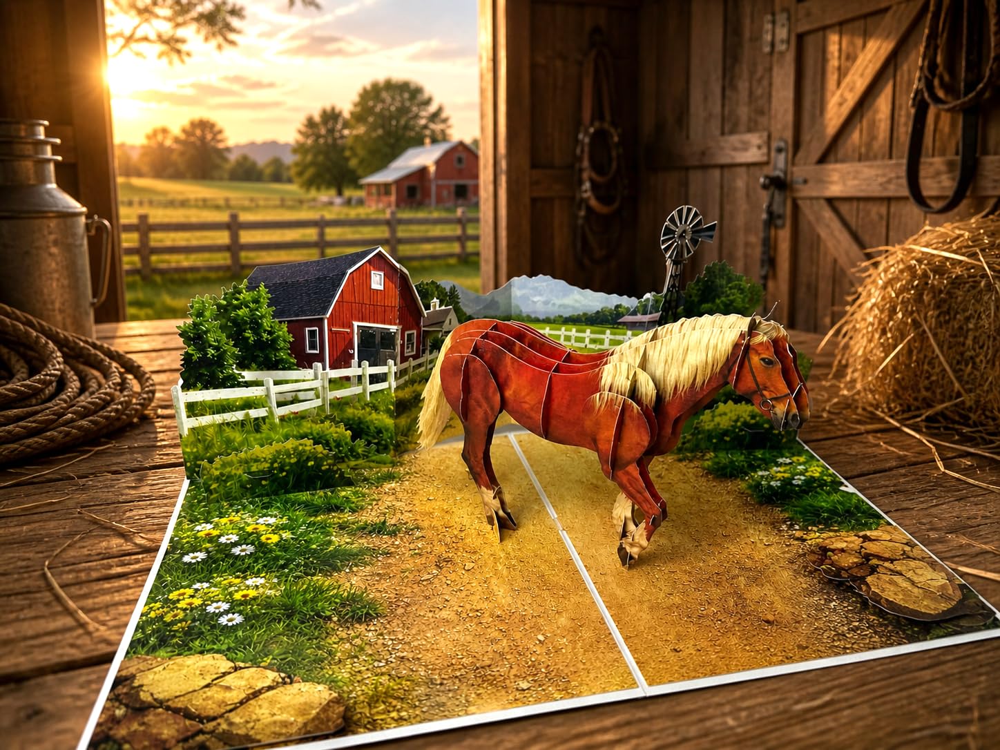 3D Pop Up Grußkarte - Pferde Bauernhof Szene mit Scheune & Landschaft - Handgefertigte Reitkarte zum Geburtstag, Vatertag, Pferdeliebhaber - Lasergeschnittene Ranch-Landschaft mit Umschlag