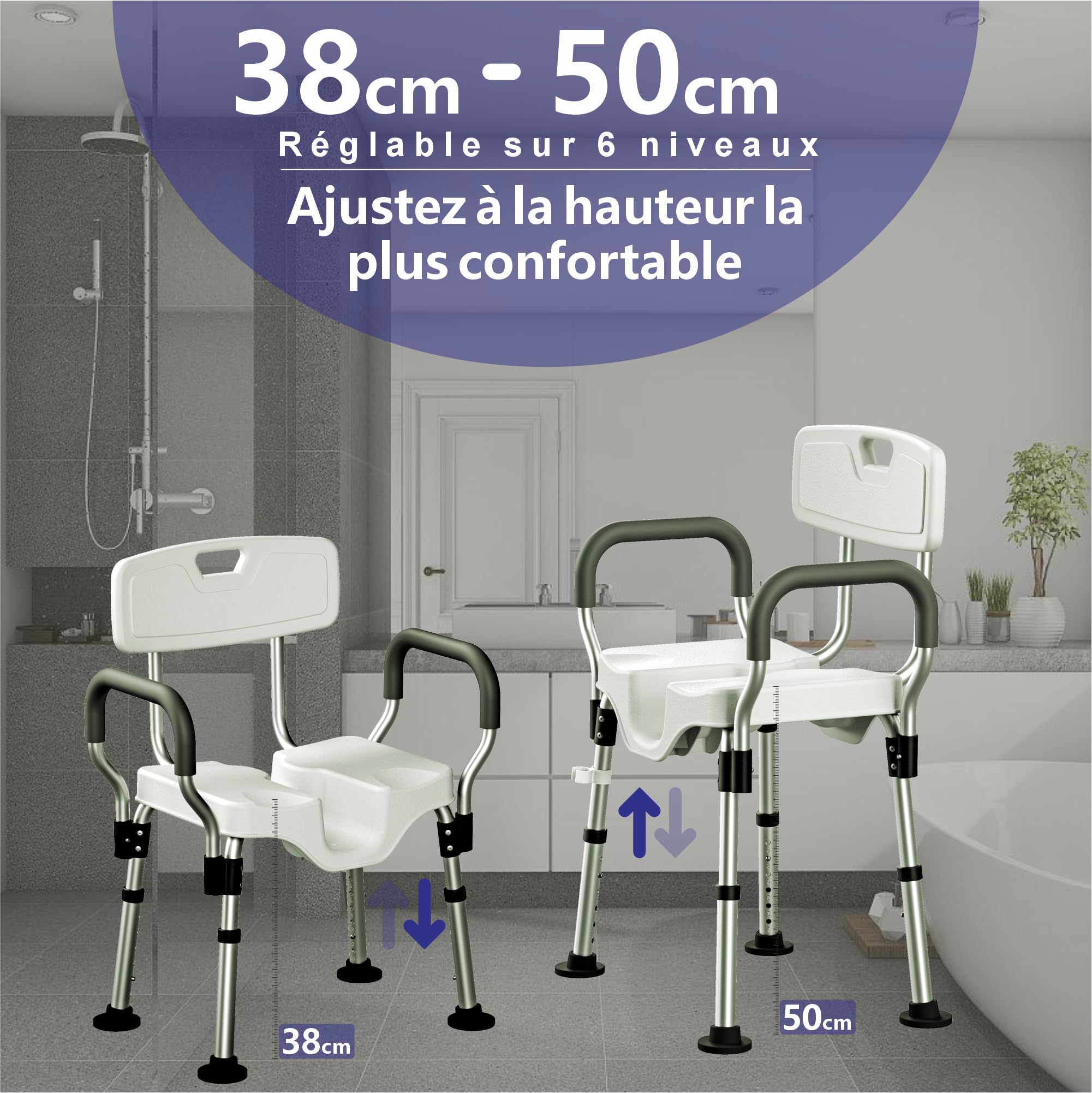 Sedia da Doccia LITTNEO Regolabile con Schienale/Braccioli Sedile da Doccia Resistente, Sagomato, Sedile Antiscivolo a Forma di U per Anziani, Disabili, Donne Incinte