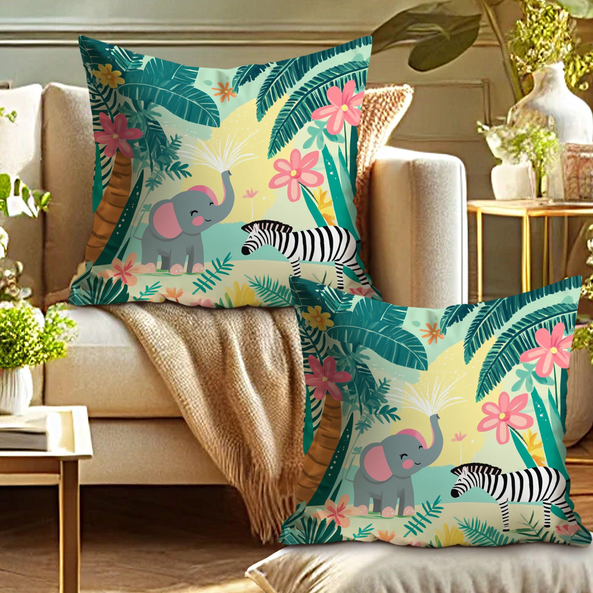 Jungle Animals Pillow Covers Set of 2, Colorful Elephant and Striped Horse Cushions, Fun Decorative Throw Pillows for Kids Room Home Sofa Bed Couch 16x16 Inch