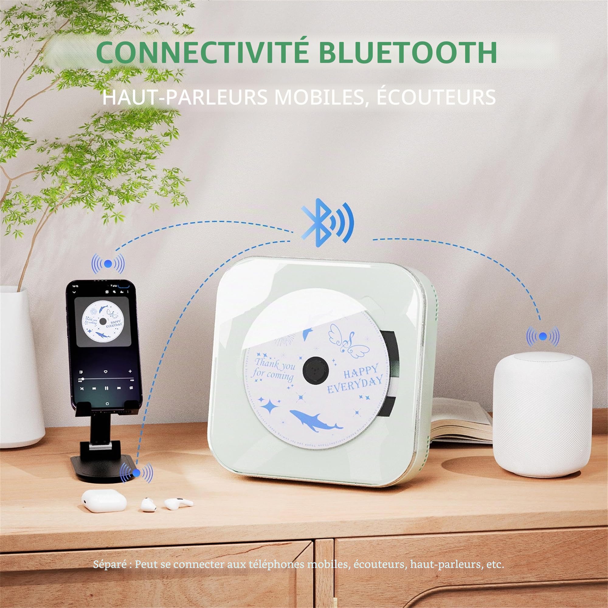 Lecteur CD avec couvercle transparent, Bluetooth, USB, haute fidélité, double haut-parleurs, batterie 2000 mAh