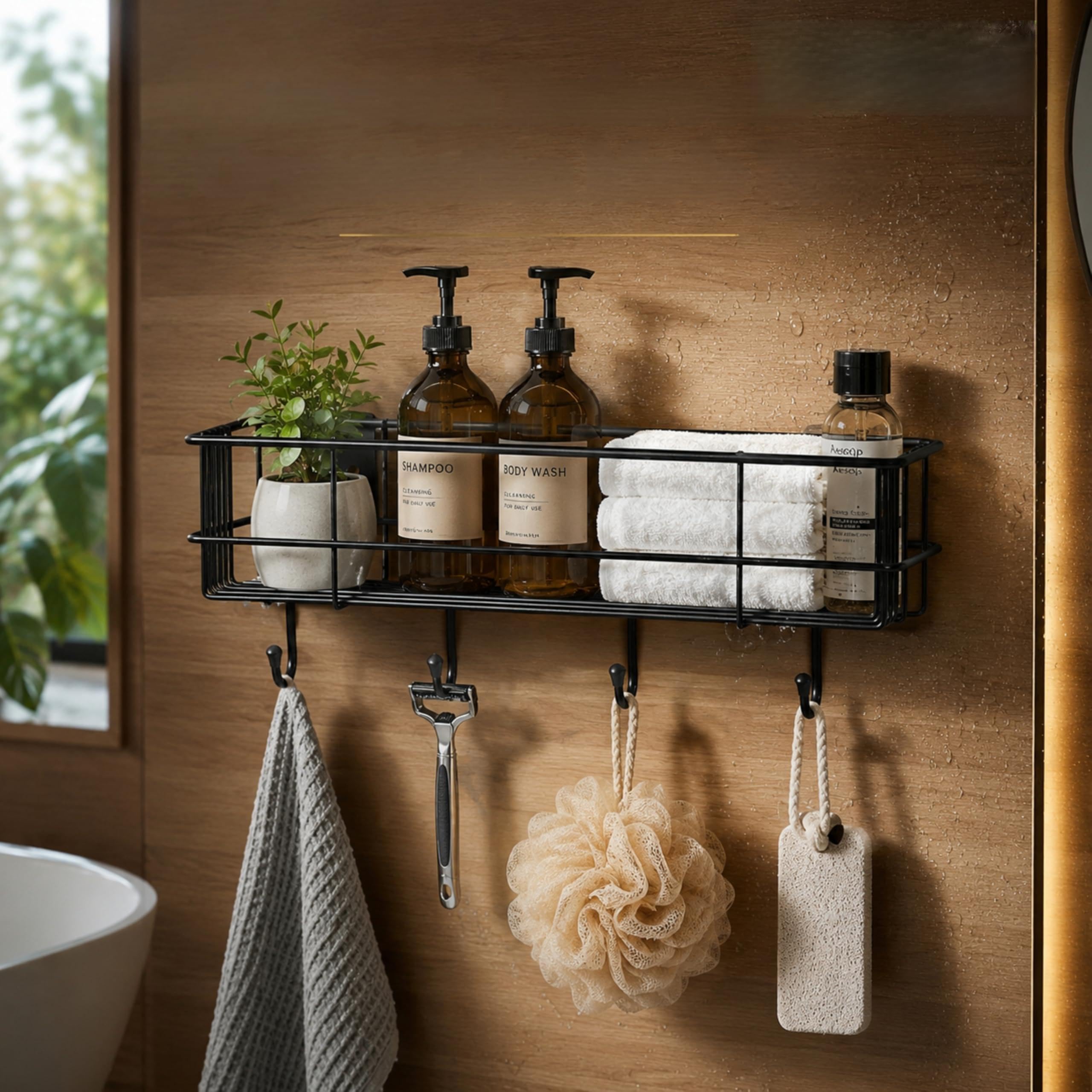 Wall Mounted Organizer Rack Stainless Steel Storage Shelf with 4 Hanging Hooks, Space-Saving Black Wall Shelf for Bathroom Kitchen Entryway Home Organization (27 x 8.5 x 8.5 cm)-image-45