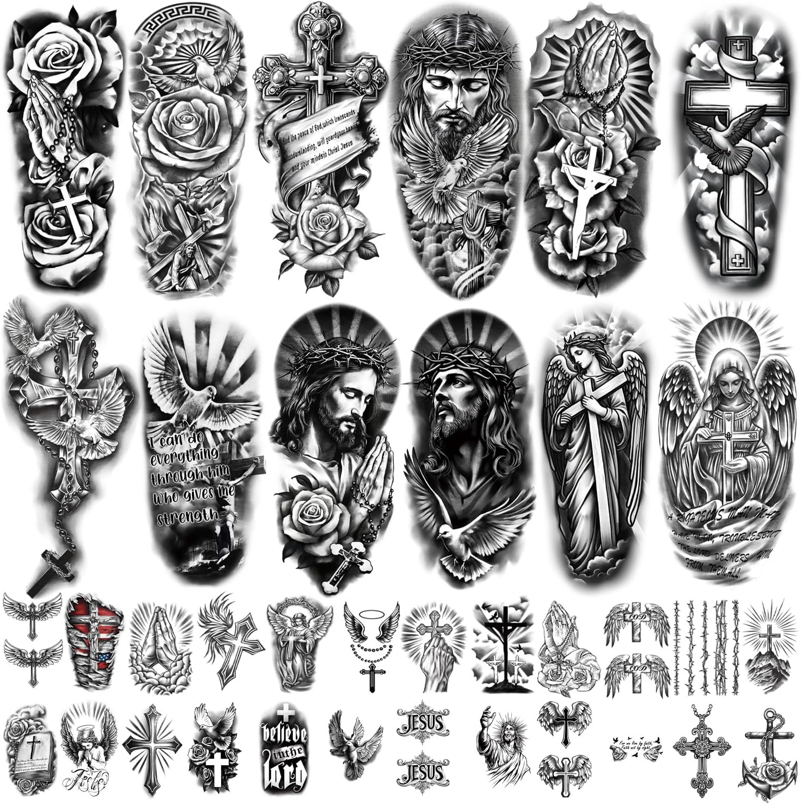 77 Sheets Christian Cross Temporary Tattoo for Women Men, 17 Sheets Half Arm Large Religious Jesus God Fake Tattoos, 60 Sheets Angels Black Christ Tiny for Adult Kids Body Tattoos Stickers Realistic