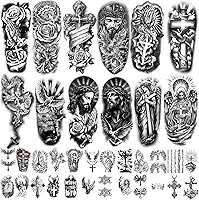Tatuagem temporária de cruz cristã para mulheres e homens, 17 folhas, meio braço, grande, religioso, Jesus Deus, tatuagens falsas, 60 folhas, anjos, cristo negro, para adultos, crianças, tatuagens