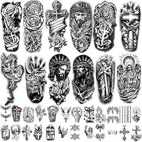 Tatuagem temporária de cruz cristã para mulheres e homens, 17 folhas, meio braço, grande, religioso, Jesus Deus, tatuagens falsas, 60 folhas, anjos, cristo negro, para adultos, crianças, tatuagens