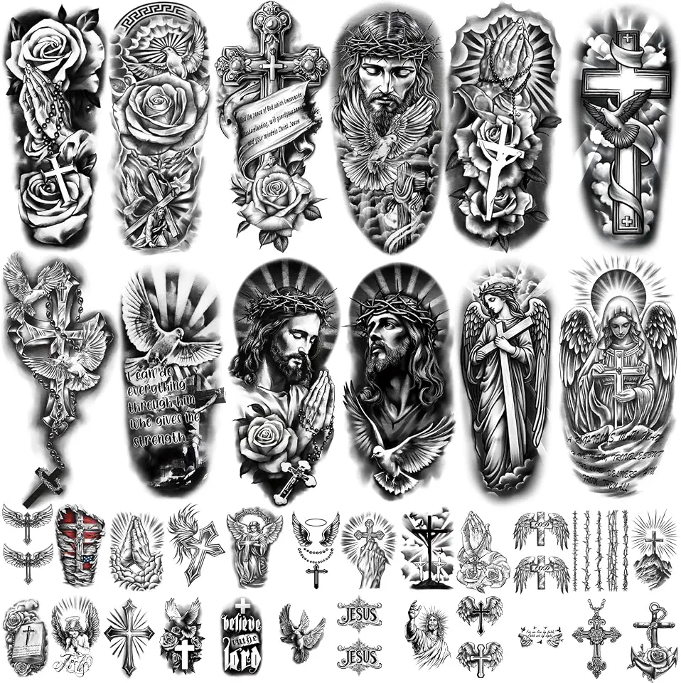 Tatuagem temporária de cruz cristã para mulheres e homens, 17 folhas, meio braço, grande, religioso, Jesus Deus, tatuagens falsas, 60 folhas, anjos, cristo negro, para adultos, crianças, tatuagens
