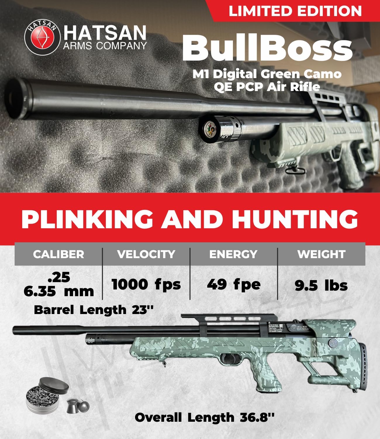 Hatsan BullBoss QE Air Rifle with Included Wearable4U 100x Paper Targets and Lead Pellets Bundle