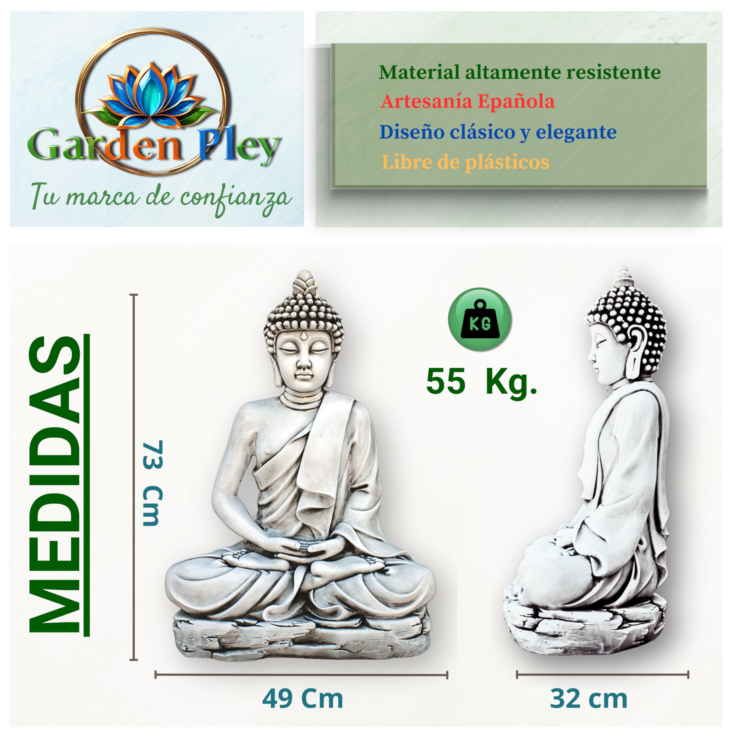 Buda Grande Sereno 73 cm (Ceniza). Budas Grandes de Jardin Zen en Piedra Artificial para Decoracion Jardin Exterior. Figuras y Budas Decorativos. Estatuas Decorativas Feng Shui.