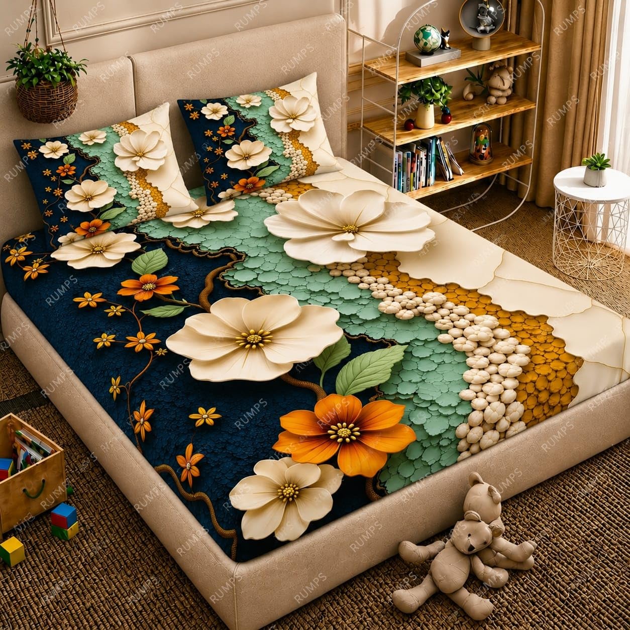 RUMPS 7D Digital Floral Bedsheet with 2 Pillow Covers, King Size Flat Bedsheet 90x100 Inch, Designer Flower Printed Bedsheet