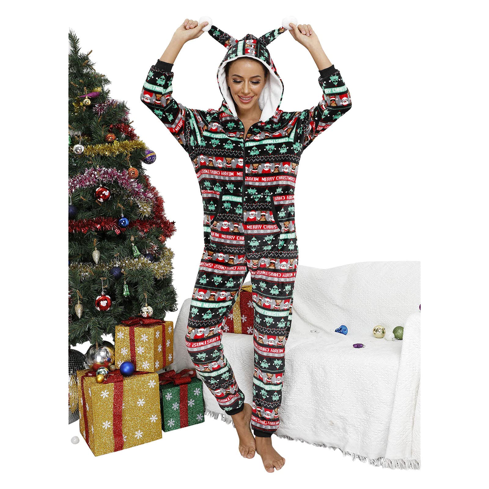 Generisch Pigiama in flanella da donna invernale con cappuccio di Natale, tuta da donna, tuta in pile, pigiama, pigiameria, pigiameria, tuta da donna, biancheria da notte invernale
