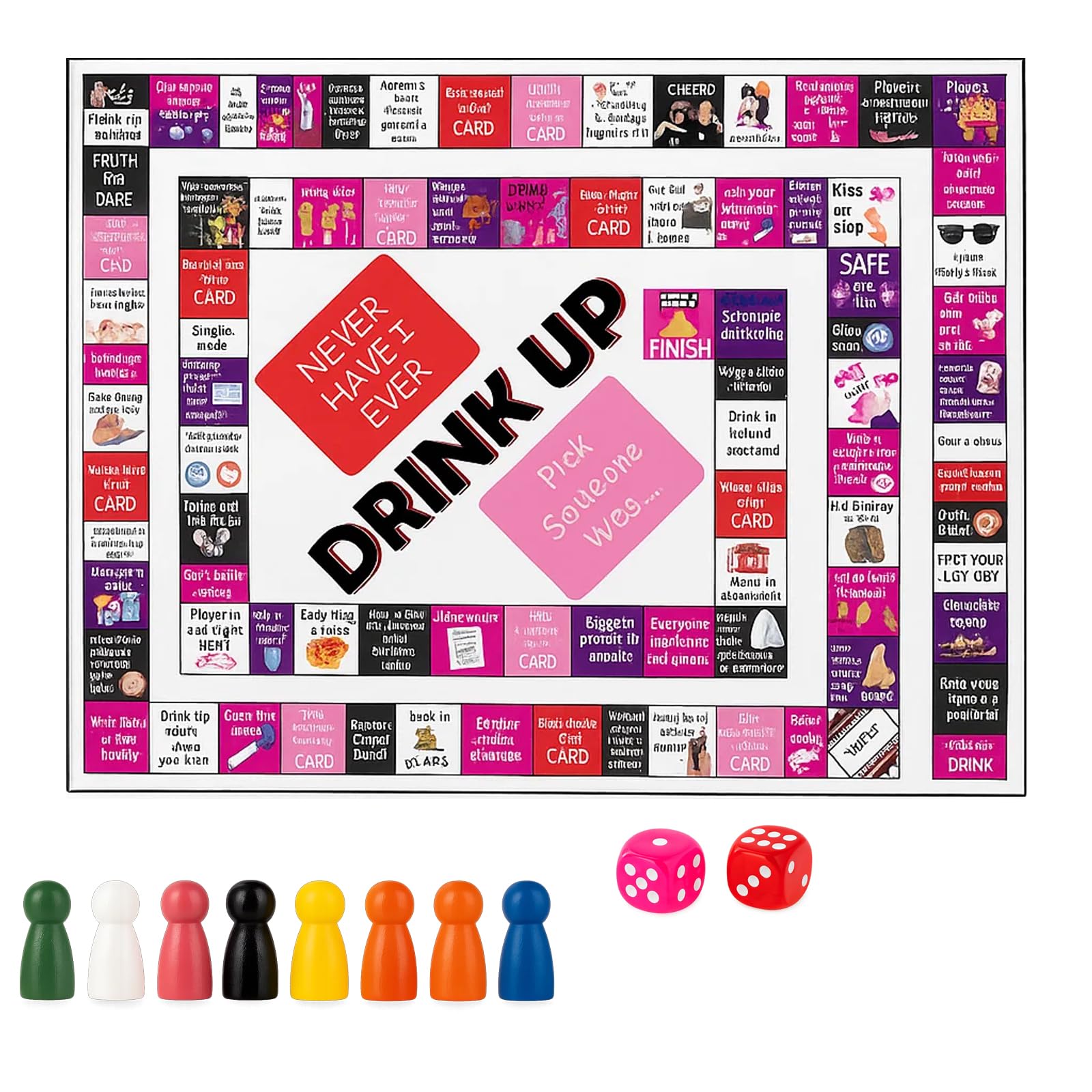 Drinking Games for Adults, Board Games for Adults with 1 Game Mat, 42 Cards, 8 Player Pieces, 2 Dice, Fun Party Games for Bachelorette, Girls Night, College Parties, Game Nights