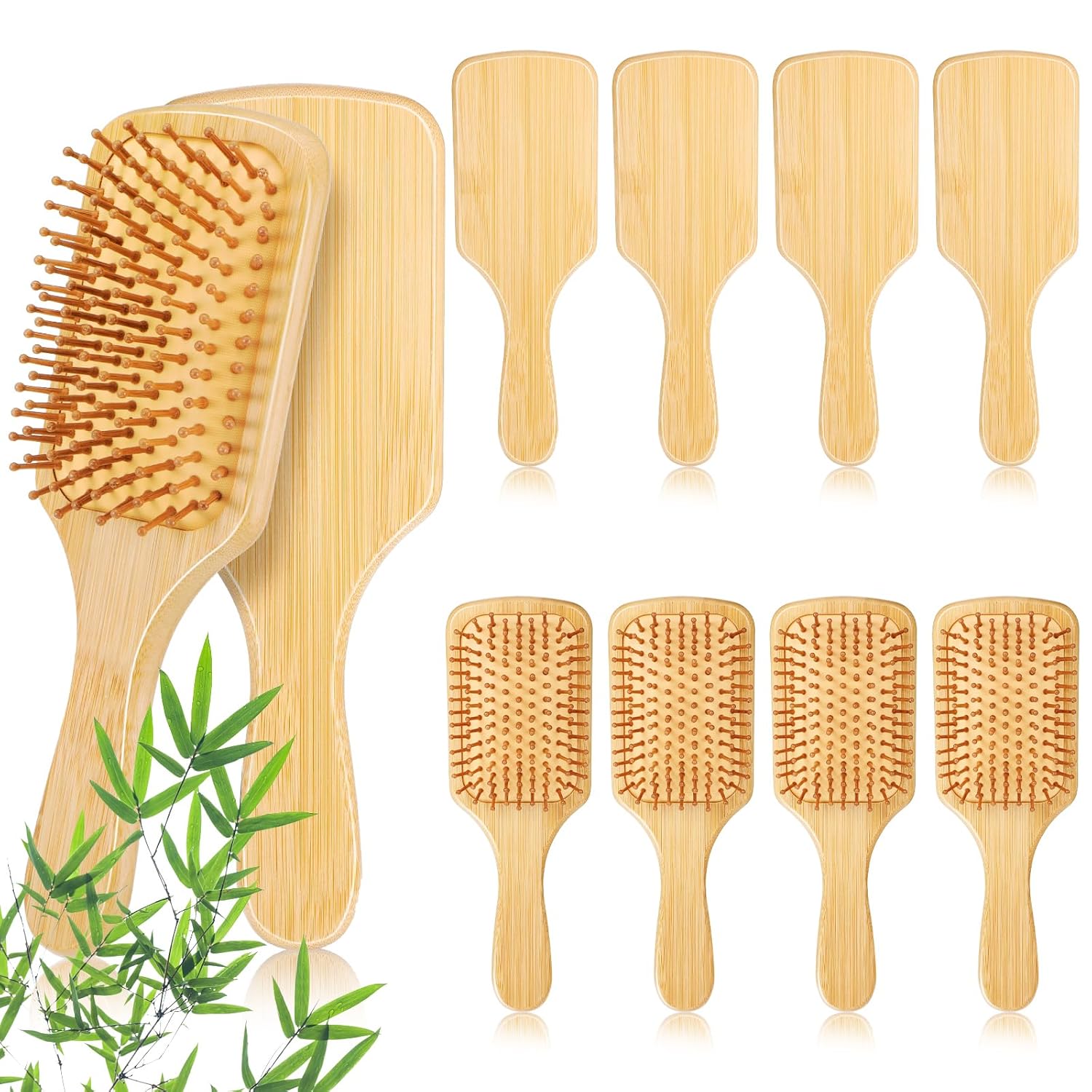 10 Pcs Bamboo Hair Brush Bulk for Hair Growth, Natural Wooden Paddle Brush Scalp Massage Bamboo Bristle Anti Static Wooden Hairbrush Engraving DIY Gift for Women Men Kids, All Hair Types