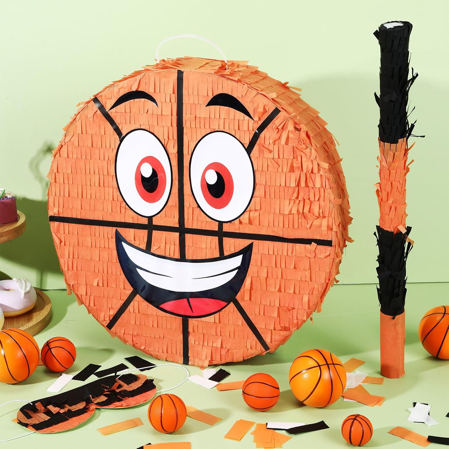 Poen Basketball Piñata Set, Party Piñata Bundle with a Blindfold, Bat and Confetti 13 x 13 x 3 Inch Funny Piñata for Birthday Sports Theme Party Piñata Games Decorations