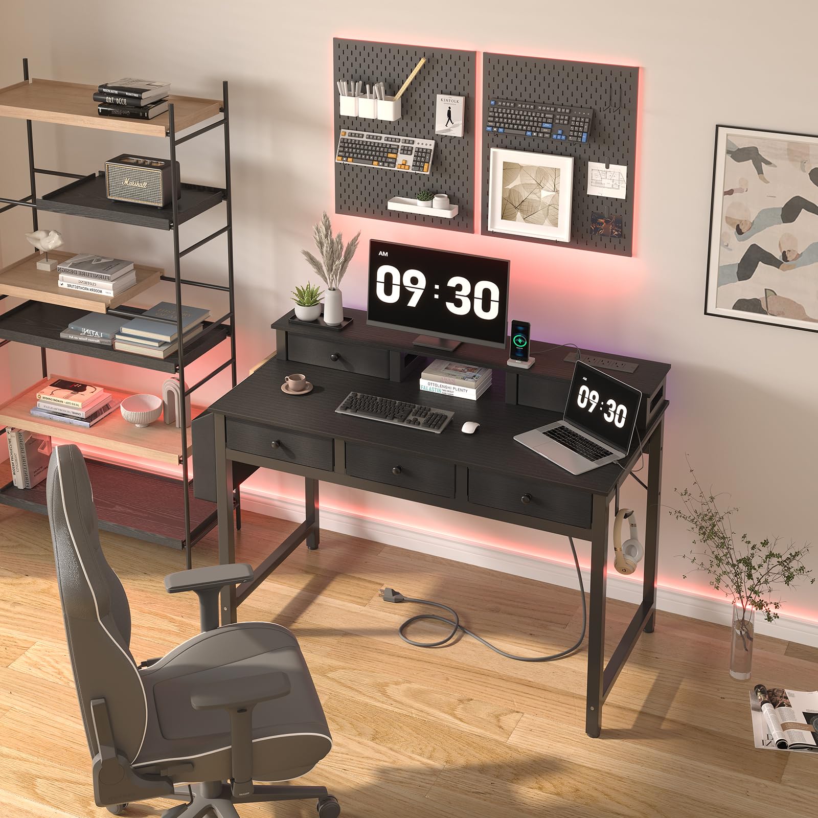 Lufeiya Computer Desk with Drawers for Home Office Bedroom, 40 inch Black Writing Study Desks with Fabric Drawers Storage, Gaming Desk Table with Power Outlet & Monitor Stand, Black