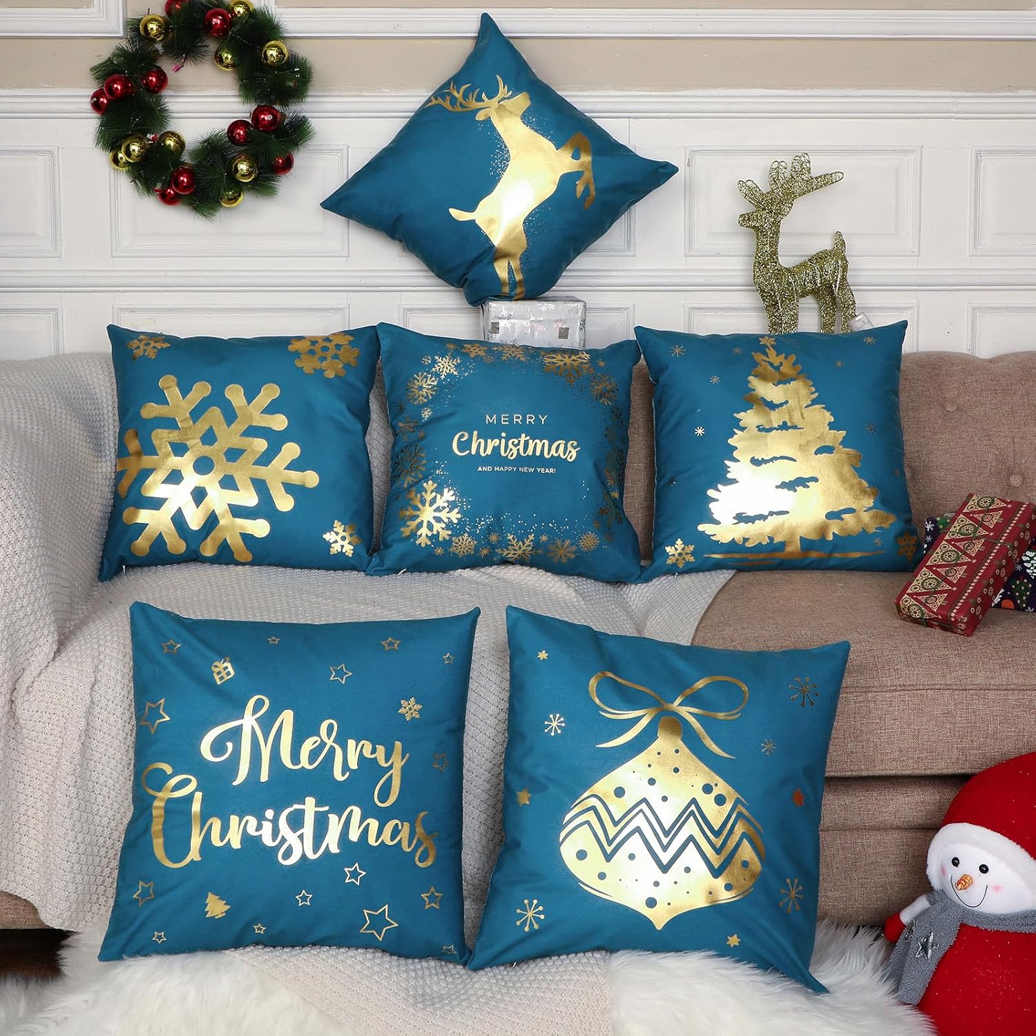 Tatuo Christmas Pillow Covers 18 x 18 Set of 6 Christmas Decoration Throw Pillow Covers Winter Holiday Decor Cushion Cases for Sofa Couch Bedroom Xmas Tree Snowflake Reindeer(Teal, Gold)