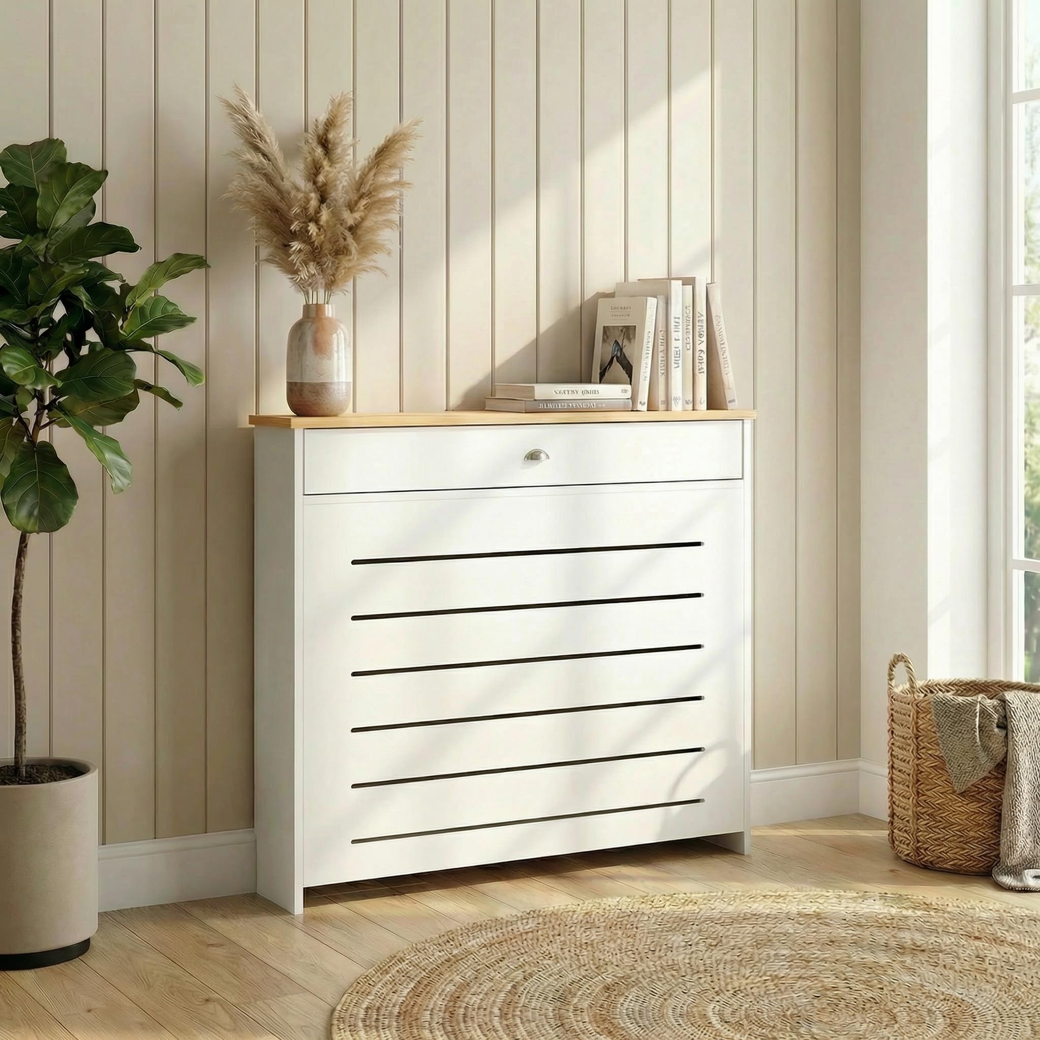 DuraTherm® Radiator Cover Cream Painted MDF Cabinet Horizontal Slat Storage Drawers & Shelf, Radiator Cabinets for Office Hallway Living Room Bedroom, Small (H: 96cm / W: 78cm / D: 19cm)