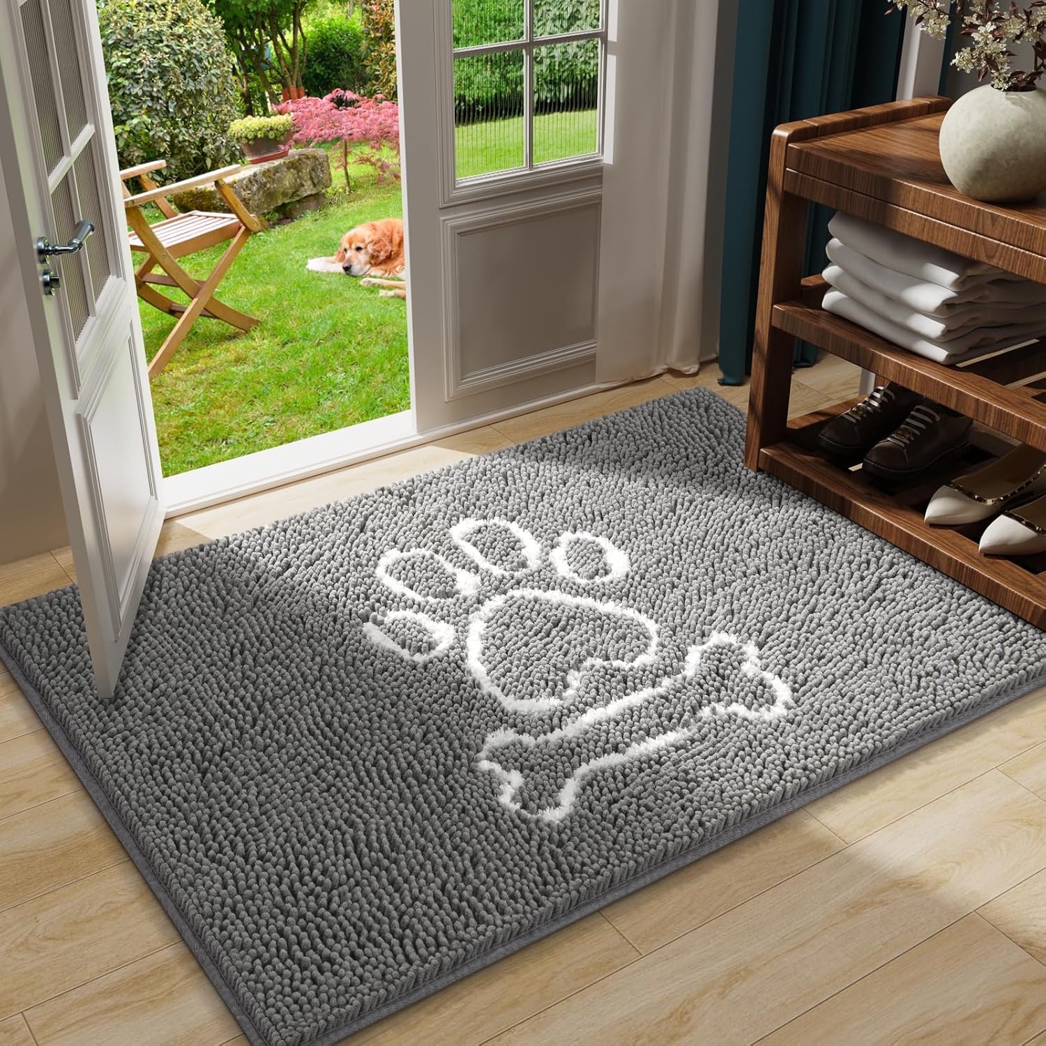 AROGAN Doormat Dog Chenille Doormats Indoor Entrance Grey, Pet Door Mats Washable for Mud Entry Busy Area Dogs Muddy Pawprints 36x24 Inch