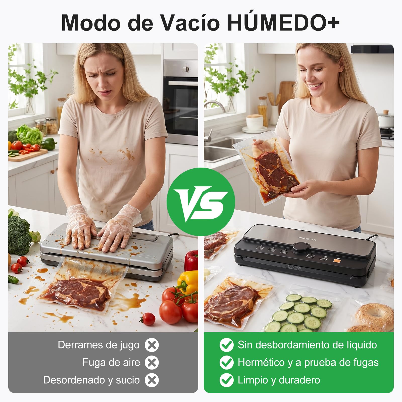 Aigostar Envasadora al Vacío, 9L/min, Pantalla Digital, Bandeja Extraíble | Envasadora al Vacío Doméstica con 6 Modos, Función Moist+, Cortador y Almacén de Rollos, Incluye 10 Bolsas y 2 Rollos