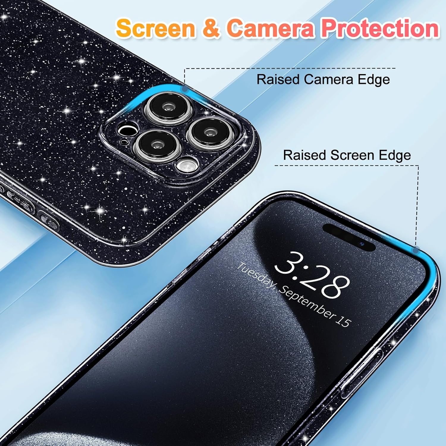 Hython Case for iPhone 15 Pro Case Glitter Cute Sparkly Shiny Bling Sparkle Phone Cases 6.1", Thin Slim Fit Soft TPU Bumper Shockproof Rubber Protective Cover for Women Girls Girly, Black - Image 3