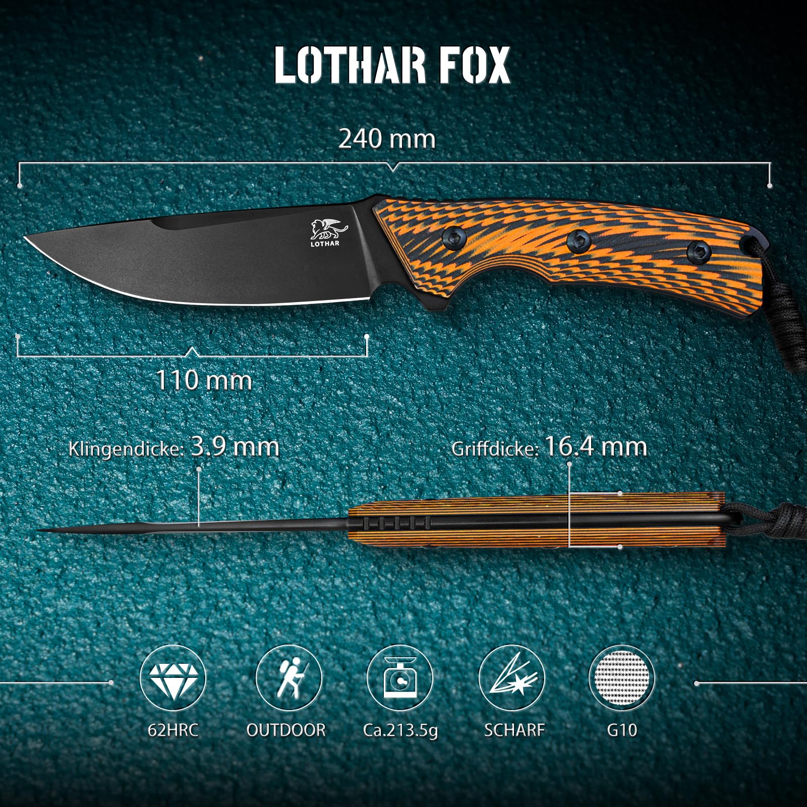 LOTHAR FOX Jagdmesser aus D2 Stahl, Outdoor Messer mit G10 Griff, Full Tang, Zweifarbiges Outdoor Messer Survival, Fahrtenmesser, für Outdoor Liebhaber und Abenteuer