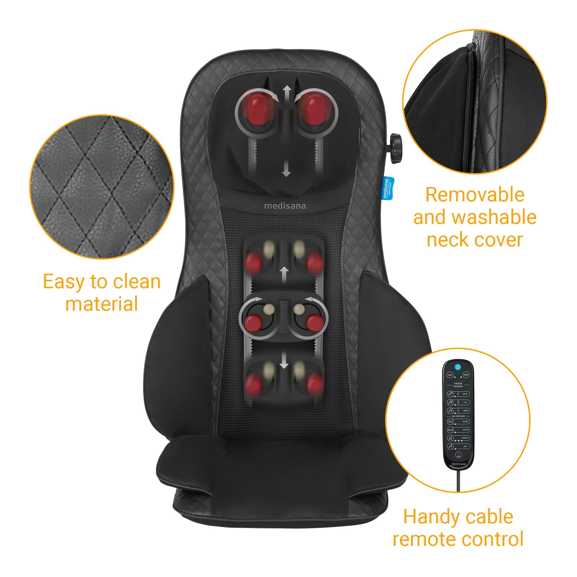 medisana MCG 820 Shiatsu Massagesitzauflage mit Gel-Massageköpfen, Rückenmassage und Nackenmassage, Massagematte mit Wärmefunktion, 3 Intensitäten, Rückenmassagegerät mit Rotlichtfunktion