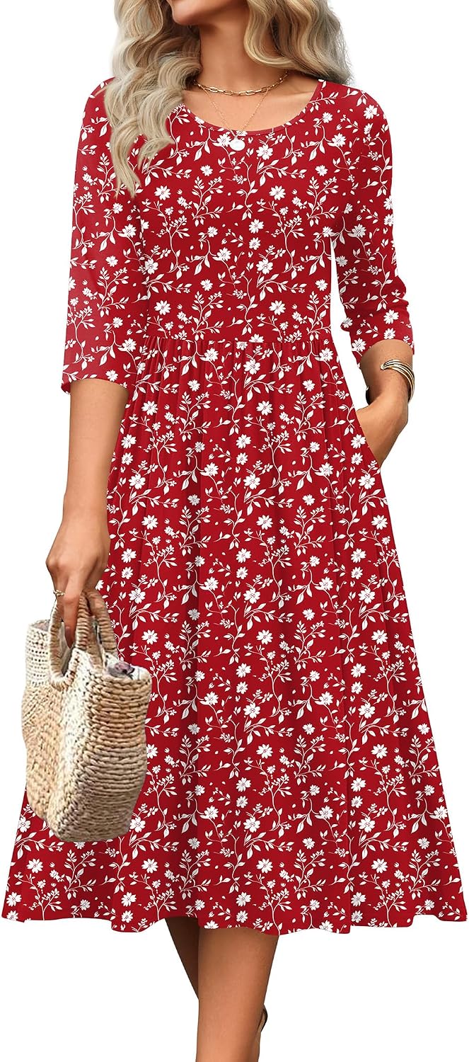  3/4 Sleeve Women's Dress Casual Aline Summer Fall Midi Long Dresses thumbnail