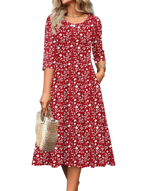 Zeagoo 3/4 Sleeve Round Neck Loose Red Floral Midi Sundress with Pockets by Zeagoo - Used condition - Image 2