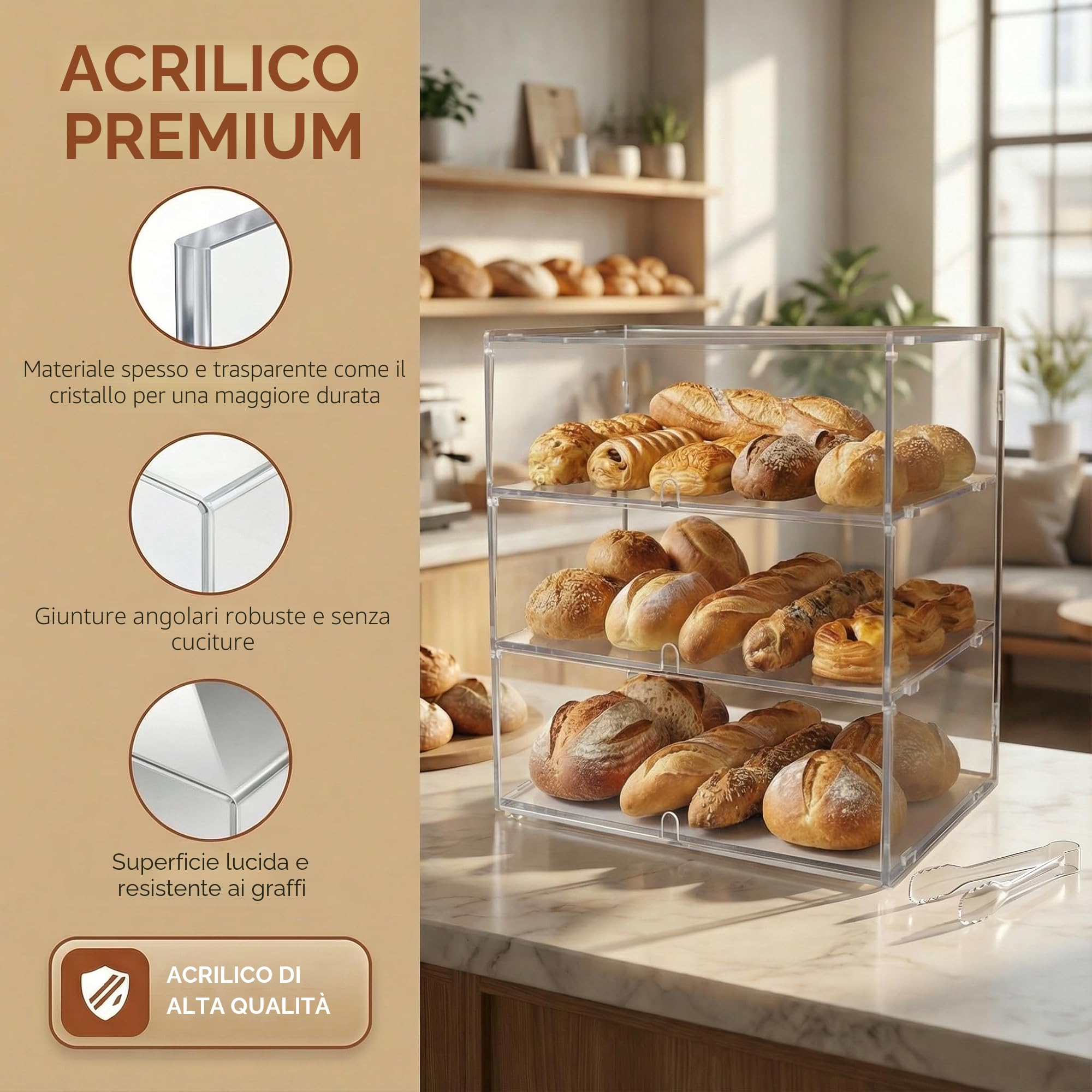 3 ripiani in acrilico trasparente per panetteria, vetrina da 5 mm, pannelli PETG ad alto impatto, 49.5 x 38 x 26 cm, porte anteriori con fori per le dita