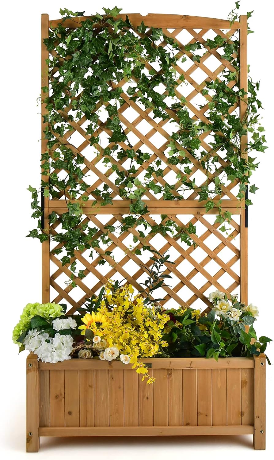MAT EXPERT Raised Garden Bed with Trellis, Lattice Panel with Hanging Roof, Drainage Hole, Planter Box for Flower, Vine, Elevated Outdoor Planter for Garden (1, 35.5" Lx17.5 Wx71 H)