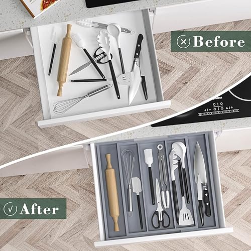 Miniatura 4 de Organizador grande de cajones de utensilios de cocina, organizador de utensilios de cocina expandible con 5 ranuras, organizador multiusos para