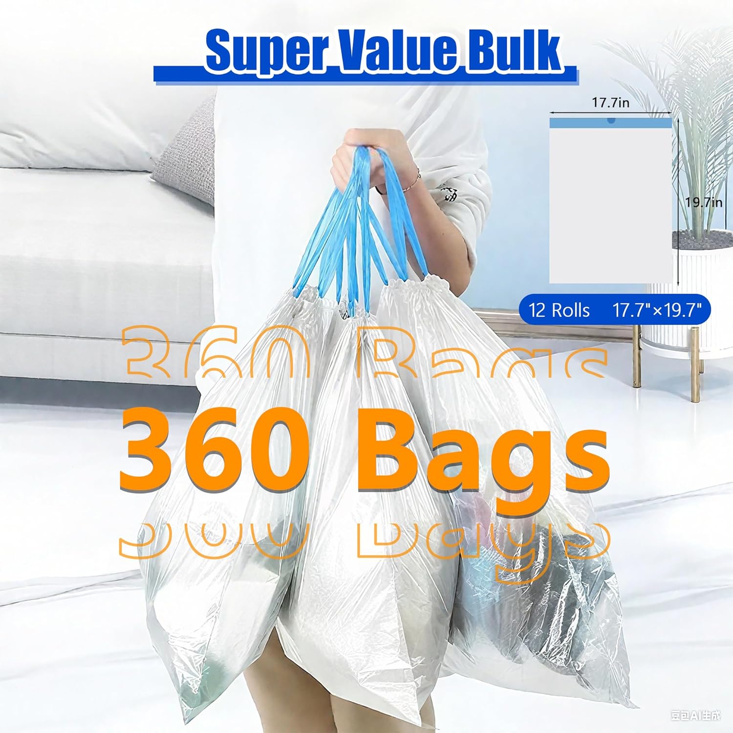 Small Trash Bags, -1.2 Mil Dstring Mini Garba Bags, White Plastic