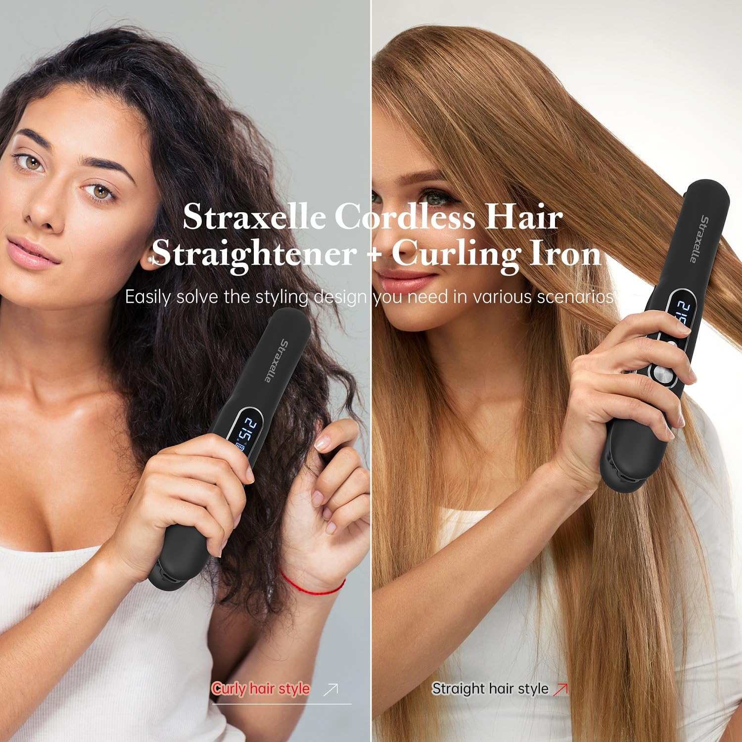 Mini Piastra da Viaggio per Capelli Senza Fili, 2 in 1 Piastra Capelli Senza Fili e Arricciacapelli, 175℃-215℃ Piastre per Capelli Corti per Donne/Uomini, 5000mAh Cordless Hair Straightener (Nero)