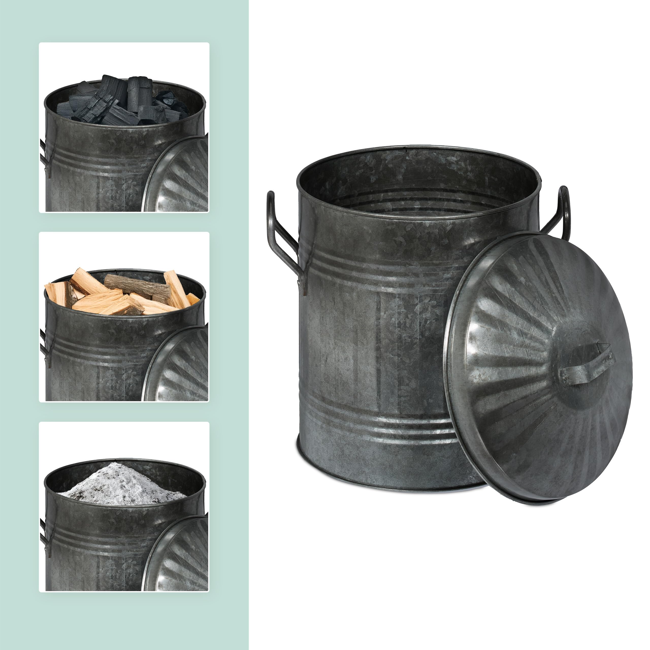 Relaxdays Cubo para Cenizas con Tapa, 10 L, Accesorio Chimenea, Estufa, Almacenar Carbón, Hierro Galvanizado, Plateado