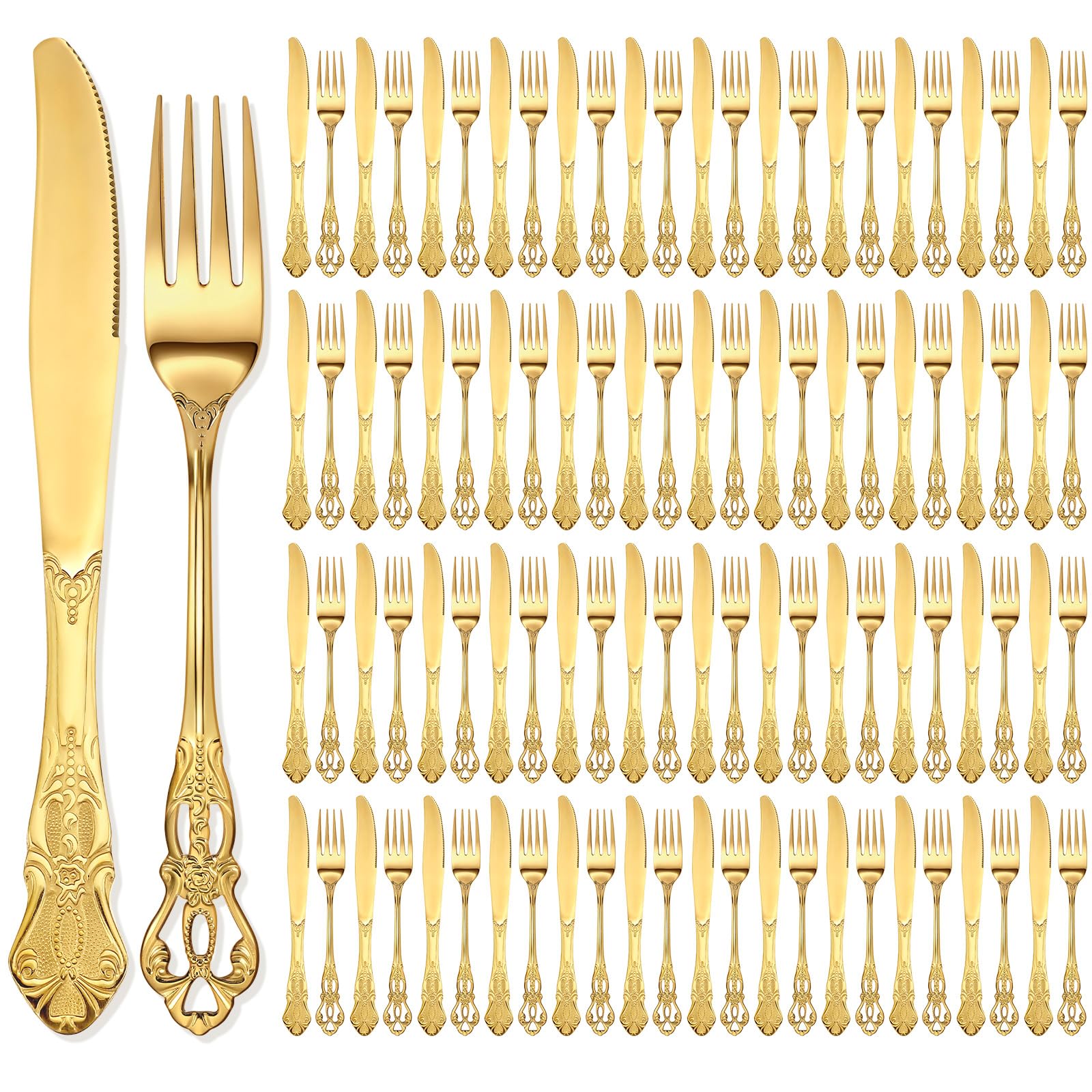 Photo 1 of Dandat 100 Pcs Forks and Knives Cutlery Set Stainless Steel Steak Knives Forks Flatware Royal Silverware Set for Wedding Party Restaurant Dishwasher Safe (Gold)