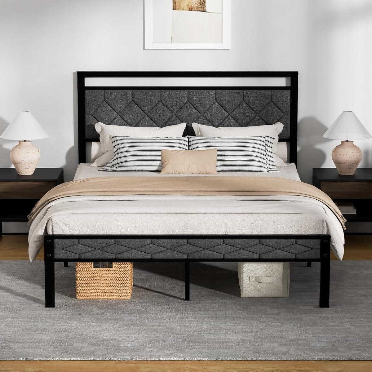 Z-hom Easy Assembly Upholstered Platform Bed Frame with Soft Padded Headboard, Modern Linen Fabric Mattress Foundation, No Box Spring Needed, Noise-Free & Sturdy Metal Support, Queen Size (Grey)