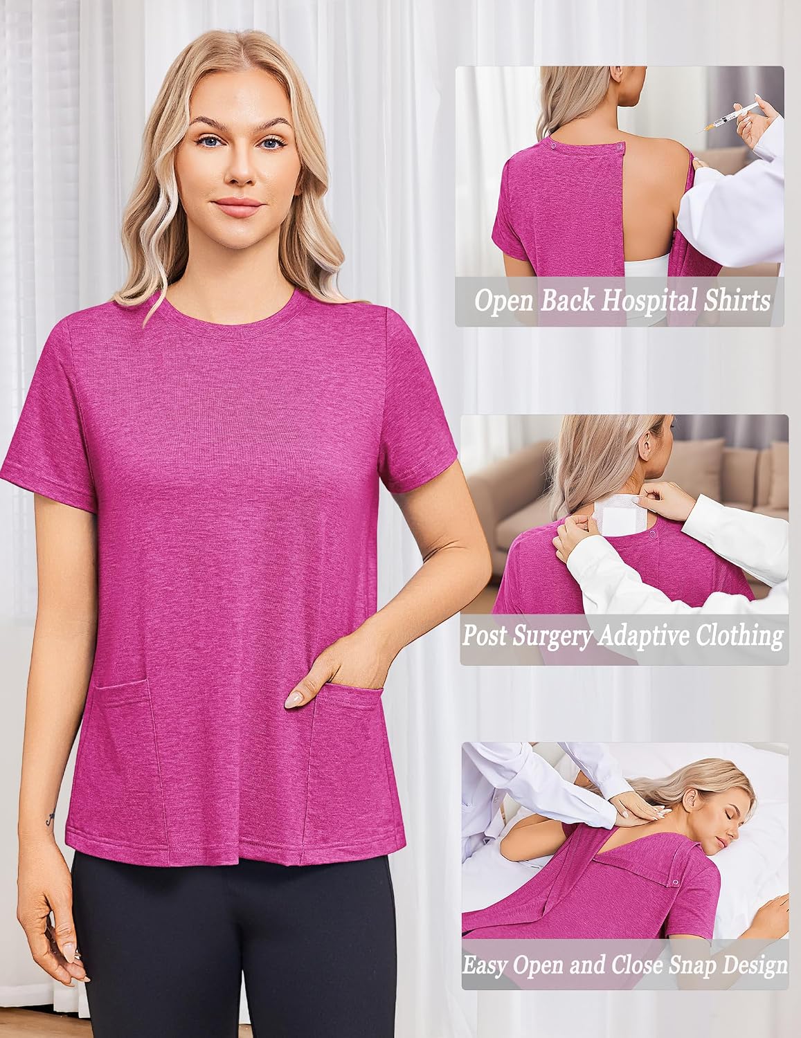 Deyeek Post Surgery Shirts for Women Tear Away Snap Open Back Top Hospital Shirts Short Sleeve Adaptive Clothing with Pockets