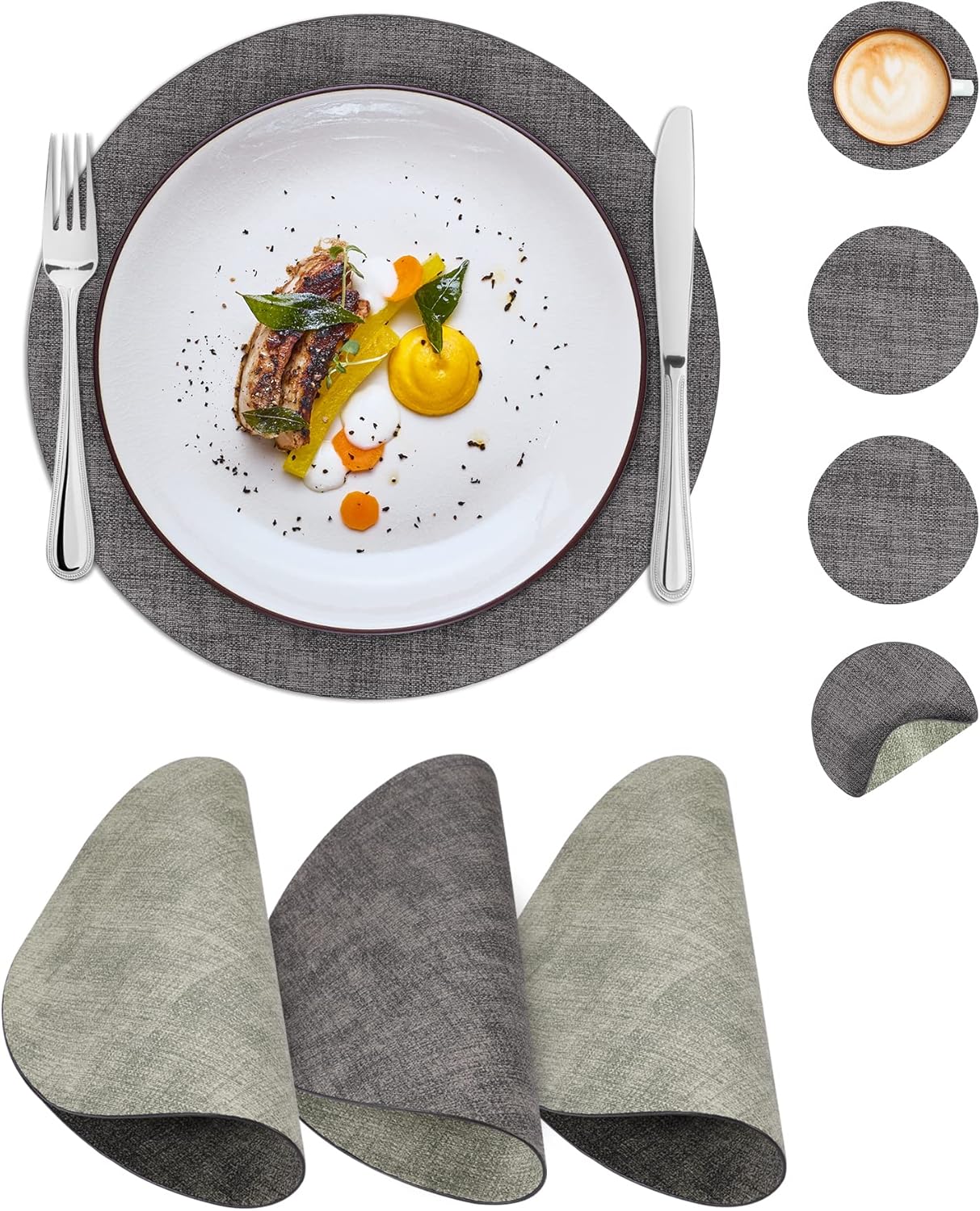 SUEH DESIGN Round Faux Leather Placemats Reversible Tablemats Set of 4